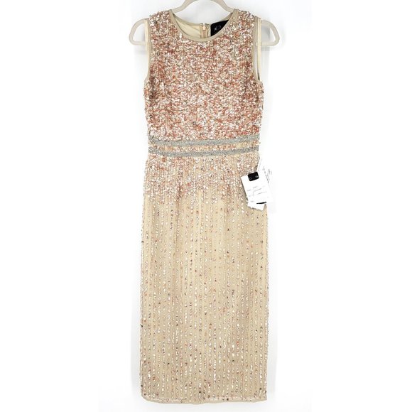 Mac Duggal 10509 Beaded Sequin Banded Sheath Midi Dress Nude Size 4 worn 1 time - Picture 3 of 11